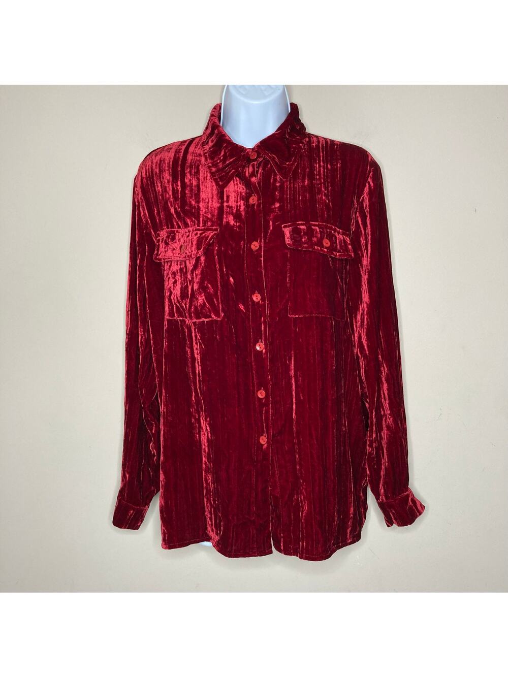 Boston Proper S Red Crushed Velvet Button Front Blouse Long Sleeve Collared NWT